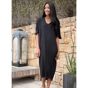 Barefoot Dreams Luxe Milk Jersey Caftan Black One Size Plus Lounge Swim Coverup